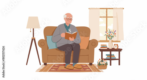 Elderly man reading a book, enjoying a peaceful moment on a cozy sofa in his living room. A tranquil scene of senior relaxation and home comfort.