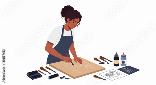 Woman artist carving a linocut block for printmaking, surrounded by various artistic tools and supplies, showcasing creativity and craftsmanship.