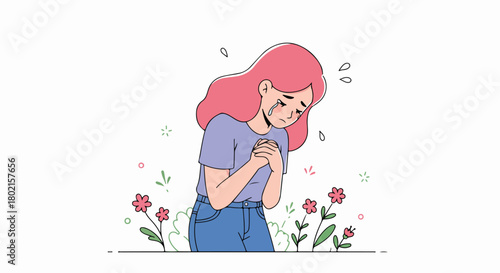 Emotional illustration of a sad woman weeping, expressing sorrow and anxiety amidst gentle floral elements in a minimalist style.