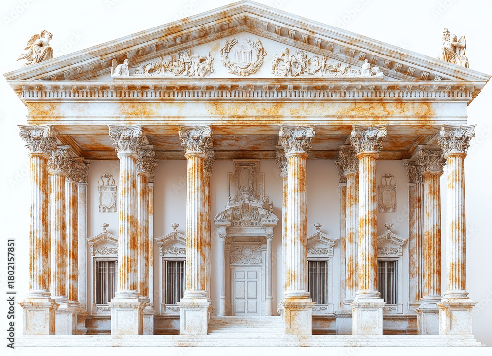 Fototapeta premium Hyperealistic Architectural Image of Classical Lyceum Building with Corinthian Columns and Sculptures on White Background