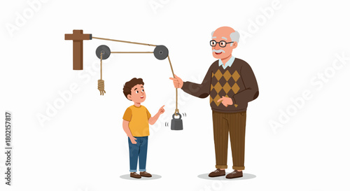 Grandfather teaching boy about simple machines: illustrating a pulley system for an engaging physics lesson.