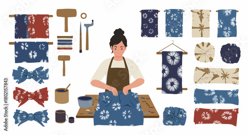 Artisanal Shibori Dyeing Process: A woman creating unique patterns on fabric using traditional Japanese tie-dye techniques with various tools and finished textile pieces.