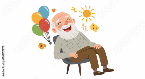 Joyful elderly man celebrating, surrounded by colorful balloons, a playful dog, and sunshine, depicting happiness and good vibes in a vibrant illustration.