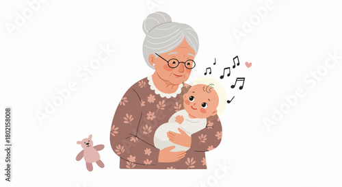 Grandmother sings a sweet lullaby to her newborn grandchild, fostering a heartwarming bond of intergenerational love, care, and family happiness with musical notes.