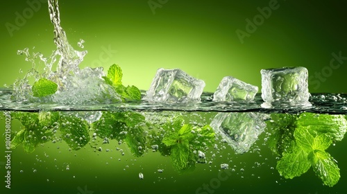Refreshing Ice Cubes with Mint Leaves and Water Splash on Green Background
