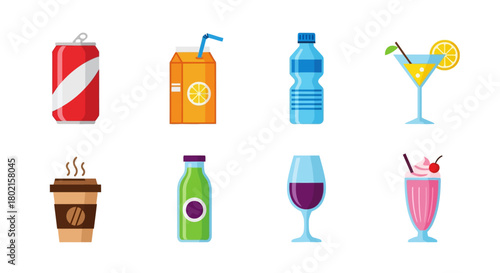 Colorful beverage icons: soda, juice, water, coffee, cocktail, smoothie, wine