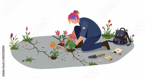 Colorful-haired person planting vibrant flowers in cracked ground, symbolizing hope, urban greening, and environmental renewal.