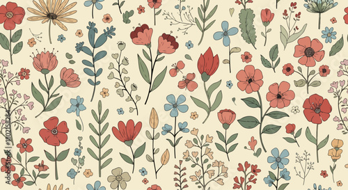 floral bouquets handmade, with black outline and unfit colored, pink, yellow, red and purple flowers and leaves, 