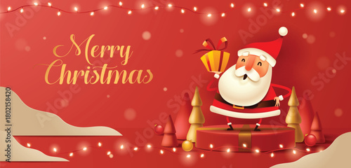 Santa with Christmas Present Gift on Red Festive Background
