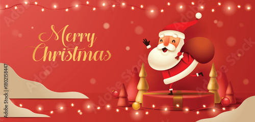 Santa with Christmas Sack on Red Festive Background