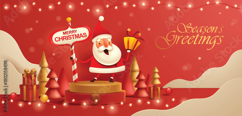 Santa with Christmas Sign and Gifts on Red Festive Background