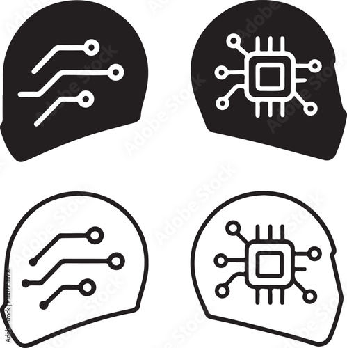 Isolated Helmet Circuit Icon Set, solid black helmet icon, tech safety protect symbol, clean circuit lines, minimal outline filled thin stroke vector design, smart secure icon buyers