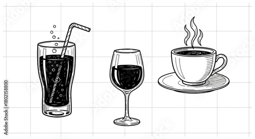 Stylized black and white beverage sketch: soda, wine, and coffee art