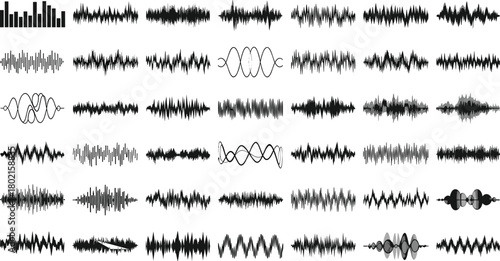 Collection of diverse abstract audio waveforms and sound amplitude patterns displayed in varied shapes, frequencies, and visual styles across multiple rows
