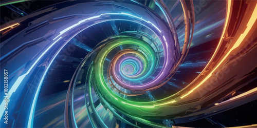 Vibrant Neon Spiral Tunnel with Swirling Lights.
