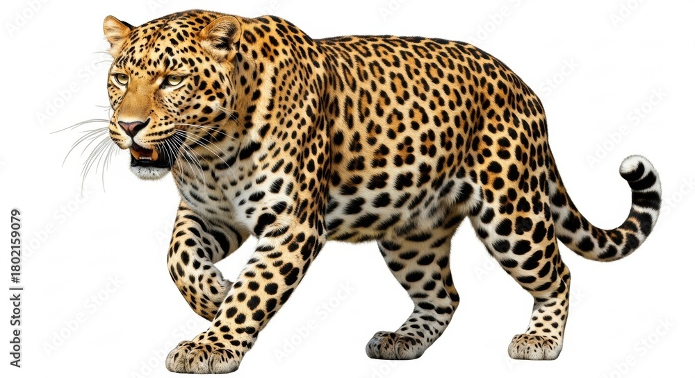 Fototapeta premium Majestic Leopard Walking on White Background, Big cat, Wild animal, Predator