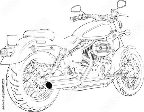 Detailed classic cruiser motorcycle line art illustration showcasing vintage design, chrome exhaust pipes, large tires, engine, and handlebars.
