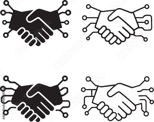 Isolated Handshake Circuit Icon Set, solid black handshake icon, tech deal partnership symbol, clean circuit lines, minimal outline filled thin stroke vector design, smart agreement icon buyers