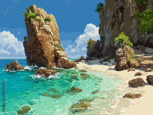 Pixel art tropical beach with rocks