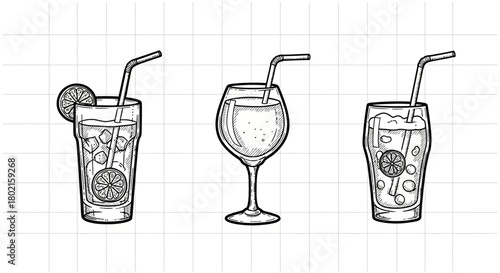 Hand-drawn beverage collection with lemons and straws on grid background