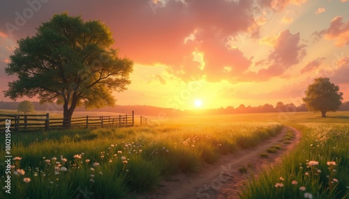 Sunrise over green meadow with trees, fence. Dirt road leads to horizon. Grass, wildflowers in foreground. Colorful sky with clouds. Peaceful rural landscape. Beautiful morning scenery. Sunny