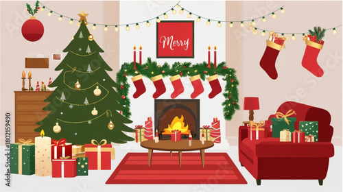 A cozy and traditional living room is ready for Christmas. A fireplace is lit, adorned with a wreath and stockings. A fully decorated Christmas tree stands beside a red armchair, while a green armchai