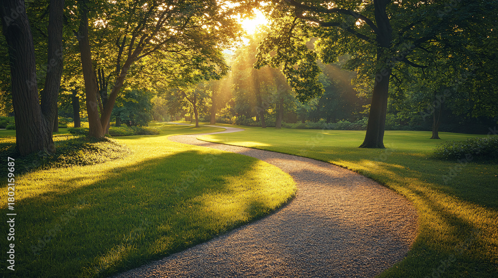 Fototapeta premium Golden sunbeams illuminate a winding park path bathed in warm morning light