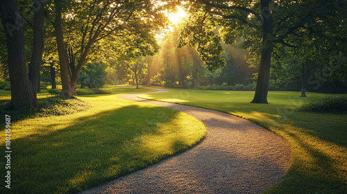 Fototapeta Naklejka Na Ścianę i Meble -  Golden sunbeams illuminate a winding park path bathed in warm morning light