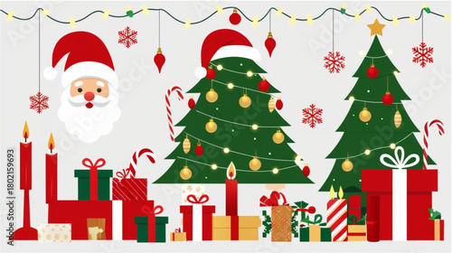 This is a festive, colorful illustration of Christmas decorations. The central element is a decorated Christmas tree topped with a star and adorned with lights and baubles. Surrounding the tree 