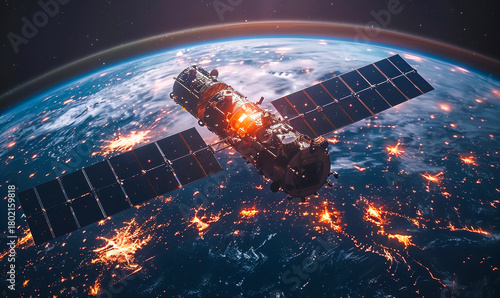 Orbiting Telecommunication Satellite with Holographic Earth, Futuristic Datum Technology for Internet Connection, GPS Services