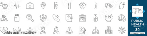 Public health icon set featuring healthcare, safety, prevention, sanitation, awareness, and community wellness symbols. Editable line vector illustration for medical, government, and health education 