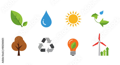 Sustainable energy icons set featuring nature and eco-friendly symbols