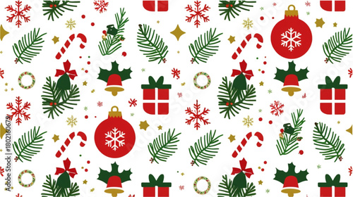 This is a seamless pattern vector illustration featuring various Christmas and holiday icons arranged in a repeating grid on a white background. The elements include green pine tree branches (fir), 