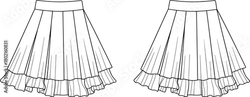 Pleated skirt technical sketch, front and back view, ruffled hem detail, fitted waistband, fashion flat, garment construction, vector illustration, layered silhouette
