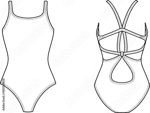 One-piece swimsuit technical sketch, front and back view, scoop neckline, strappy back, teardrop cutout, fashion illustration, garment construction drawing