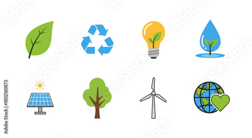 Eco-friendly icons: renewable energy and sustainability symbols