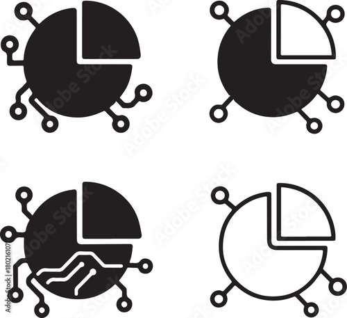 Isolated Pie Chart Circuit Icon Set, solid black pie chart icon, tech analytics data symbol, clean circuit lines, minimal outline filled thin stroke vector design, smart chart icon buyers