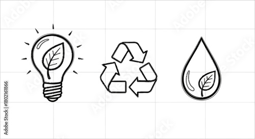 Sustainable icons: eco lightbulb, recycle symbol, water droplet with nature elements