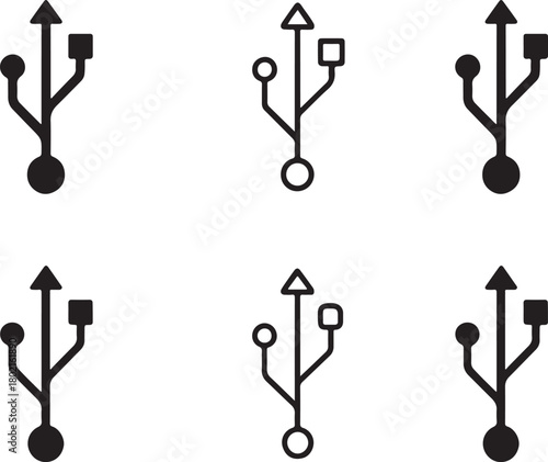 Isolated USB Circuit Icon Set, solid black usb icon, tech connector symbol, clean circuit lines, minimal outline filled thin stroke vector design, smart plug device icon buyers
