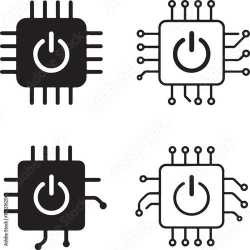 Isolated Power Button Circuit Icon Set, solid black power icon, tech energy switch symbol, clean circuit lines, minimal outline filled thin stroke vector design, smart power icon buyers