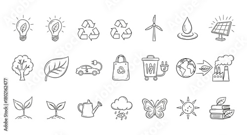 Eco-friendly icons set featuring recycling, renewable energy, and conservation symbols in linear style