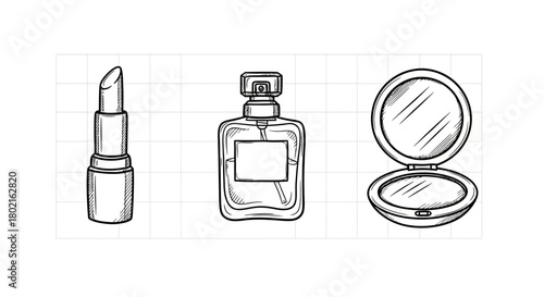 Hand drawn cosmetic essentials: lipstick, perfume, compact mirror on grid background