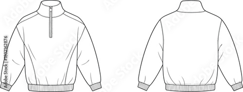 Pullover jacket technical sketch, front and back view, half zip, high collar, ribbed cuffs, fashion flat drawing, garment design illustration