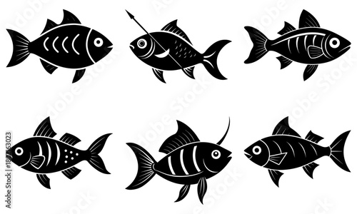 Collection of six stylized black fish illustrations with varying patterns and one with a spear through it
