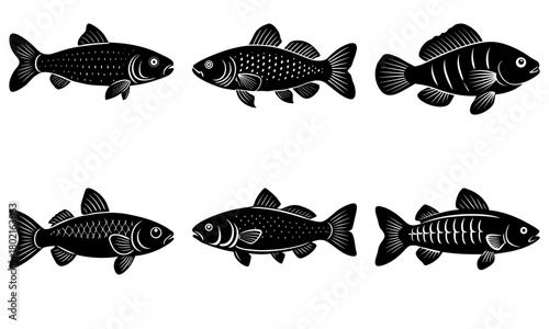 Six black and white fish illustrations with varying patterns and fin designs displayed on white