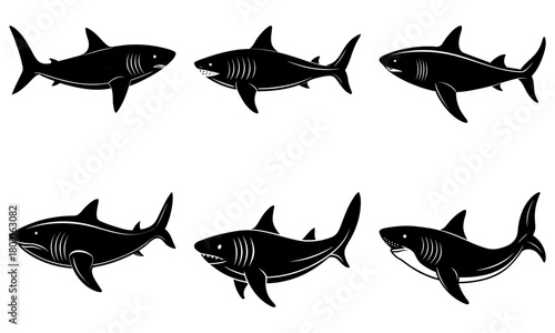 Collection of six black and white vector illustrations of sharks in various poses and perspectives facing left