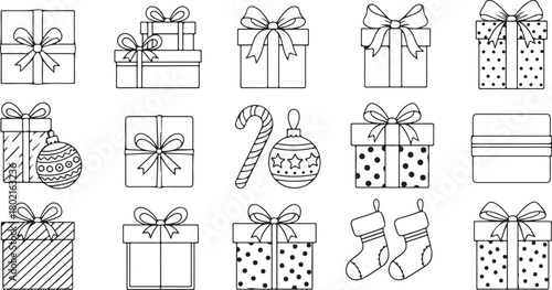 Christmas gift boxes holiday line art set with bows, ornaments, candy cane, festive clipart and stockings outline eps