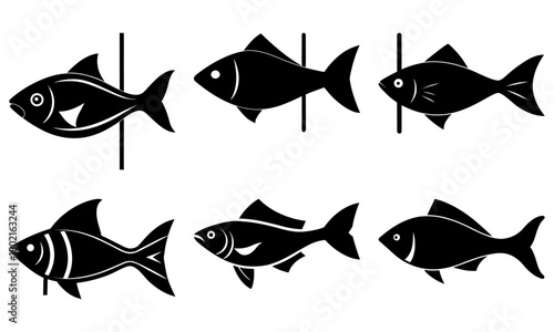 Collection of six black and white fish illustrations with varying fin and body shapes on white backdrop