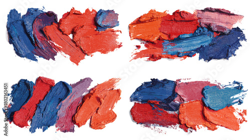 Expressive acrylic paint smears in bold red, blue, and orange tones. Thick textured strokes ideal for artistic backgrounds, creative design elements, and modern abstract artwork.