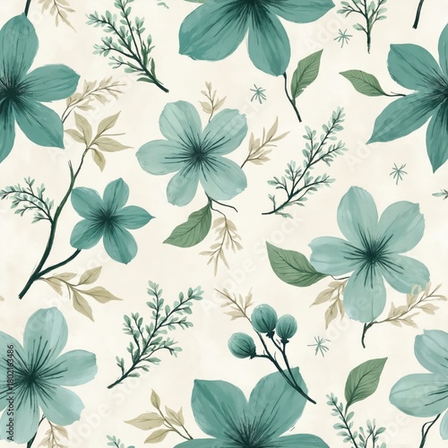Wallpaper Mural Teal floral pattern on textured beige background. Small green branches and buds accent large muted teal blossoms. Repeating design ideal for textile prints or home decor. Torontodigital.ca